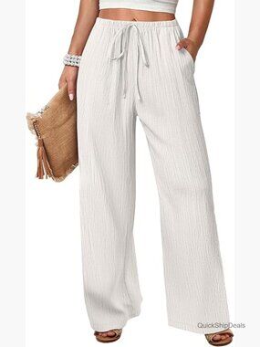 Lightweight Palazzo Pants with Pockets, Elastic Waist, 97% Polyester